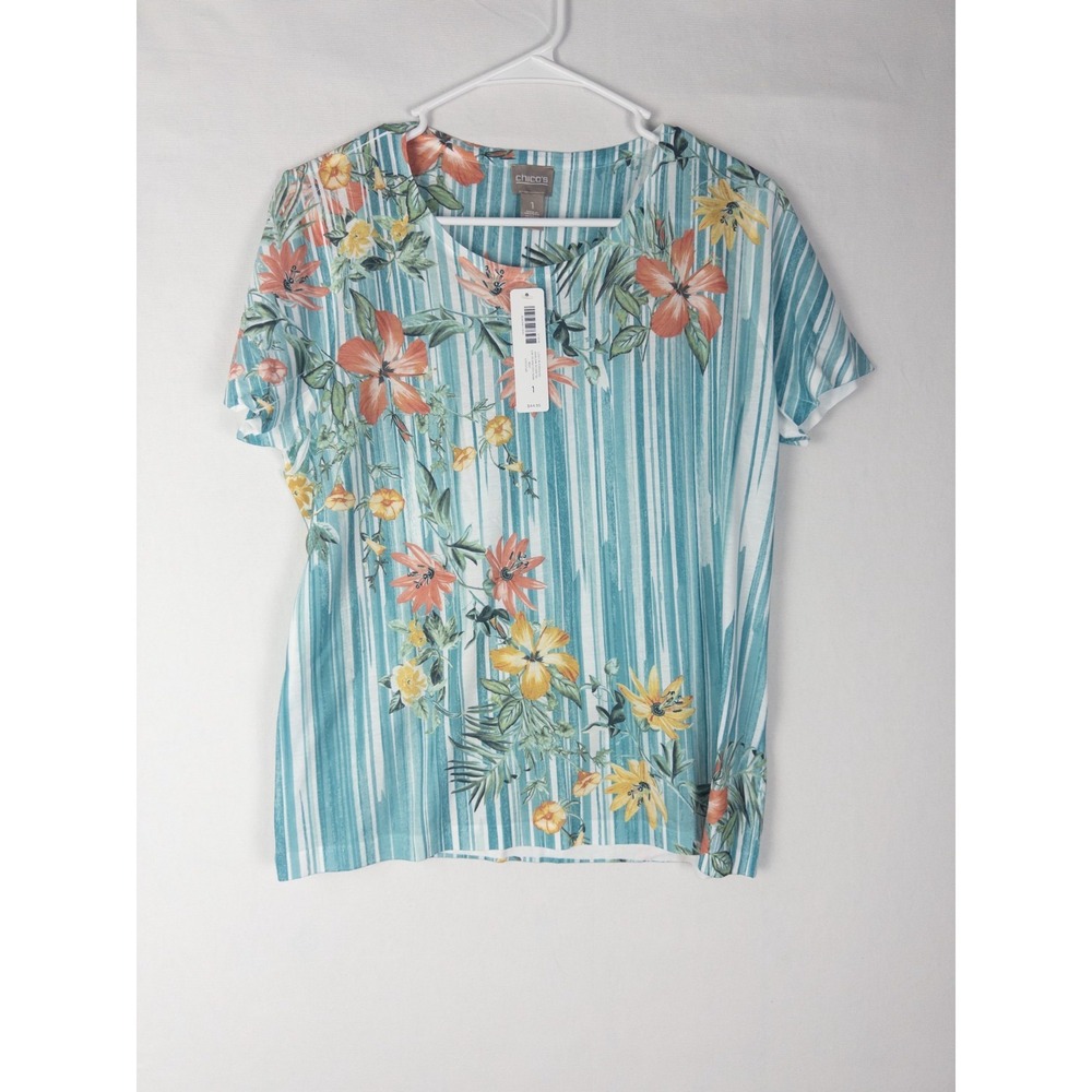 NWT Chicos Cream Fitted Short‎ Sleeve T Shirt Womens 1 Floral